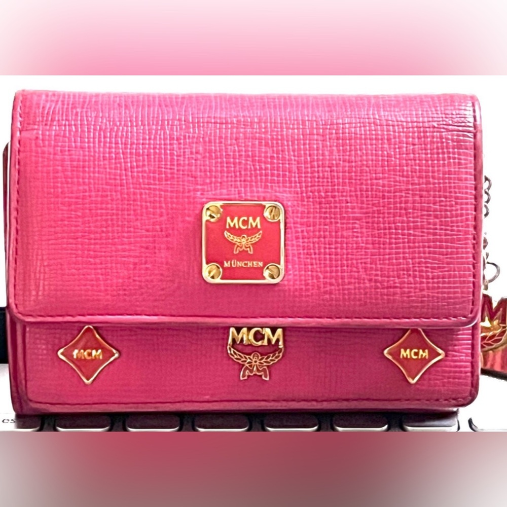 MCM Small Pink Wallet ID Cardholder Pink Leather Bifold Wallet MCM Charm Gift